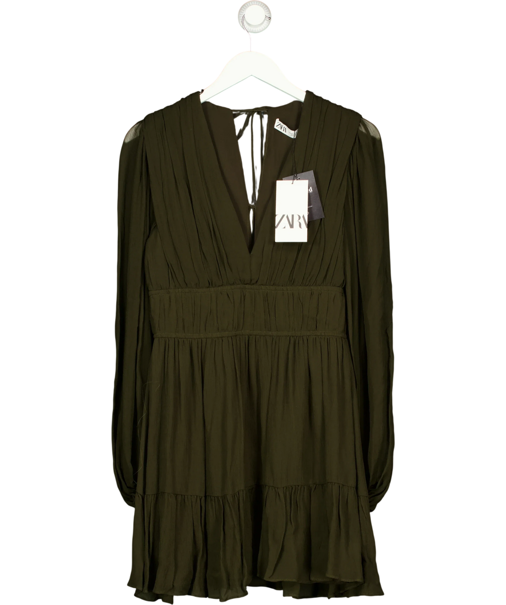 ZARA Brown green pleated dress, size UK M — front