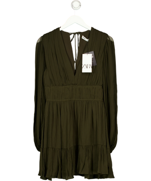 Zara Dark Brown  Pleated Long Sleeve Dress UK M