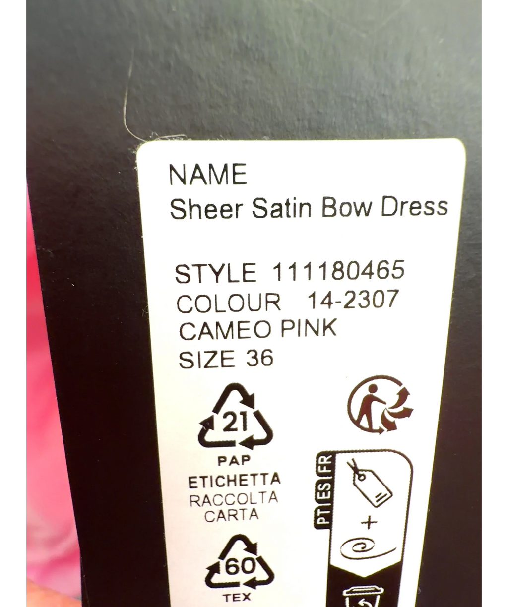 ROTATE Pink Sheer Satin Bow Dress, size UK 8 — care label