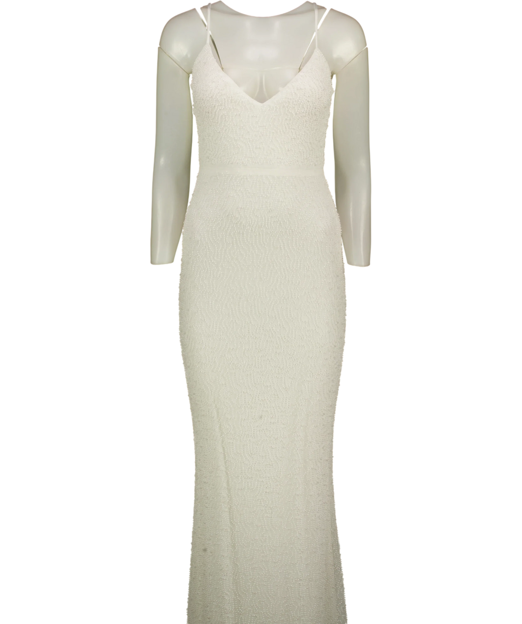 Windsor White Rani Sleeveless Strappy Open-Back Beaded Mermaid Dress, size UK M — front