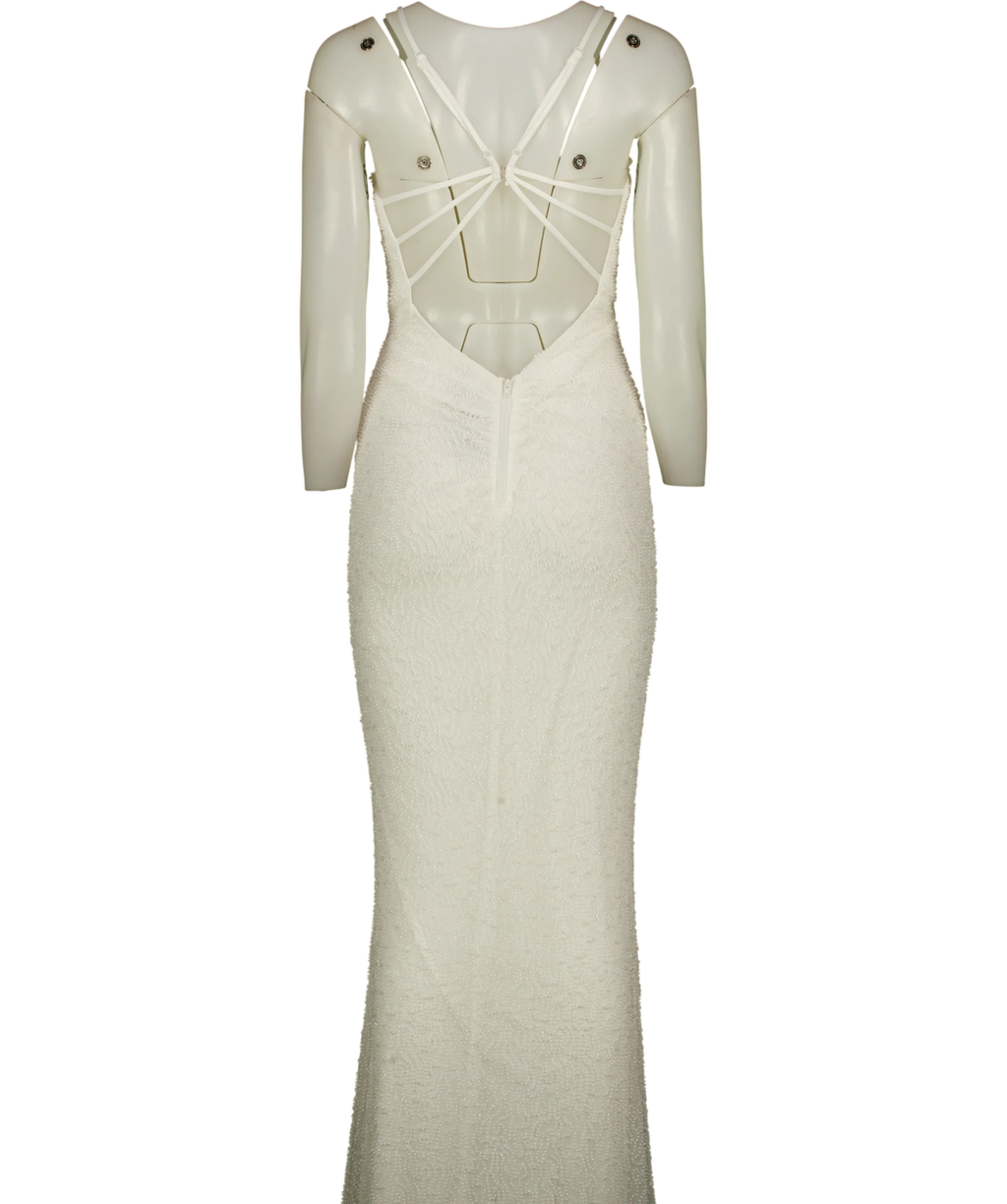 Windsor White Rani Sleeveless Strappy Open-Back Beaded Mermaid Dress, size UK M — back