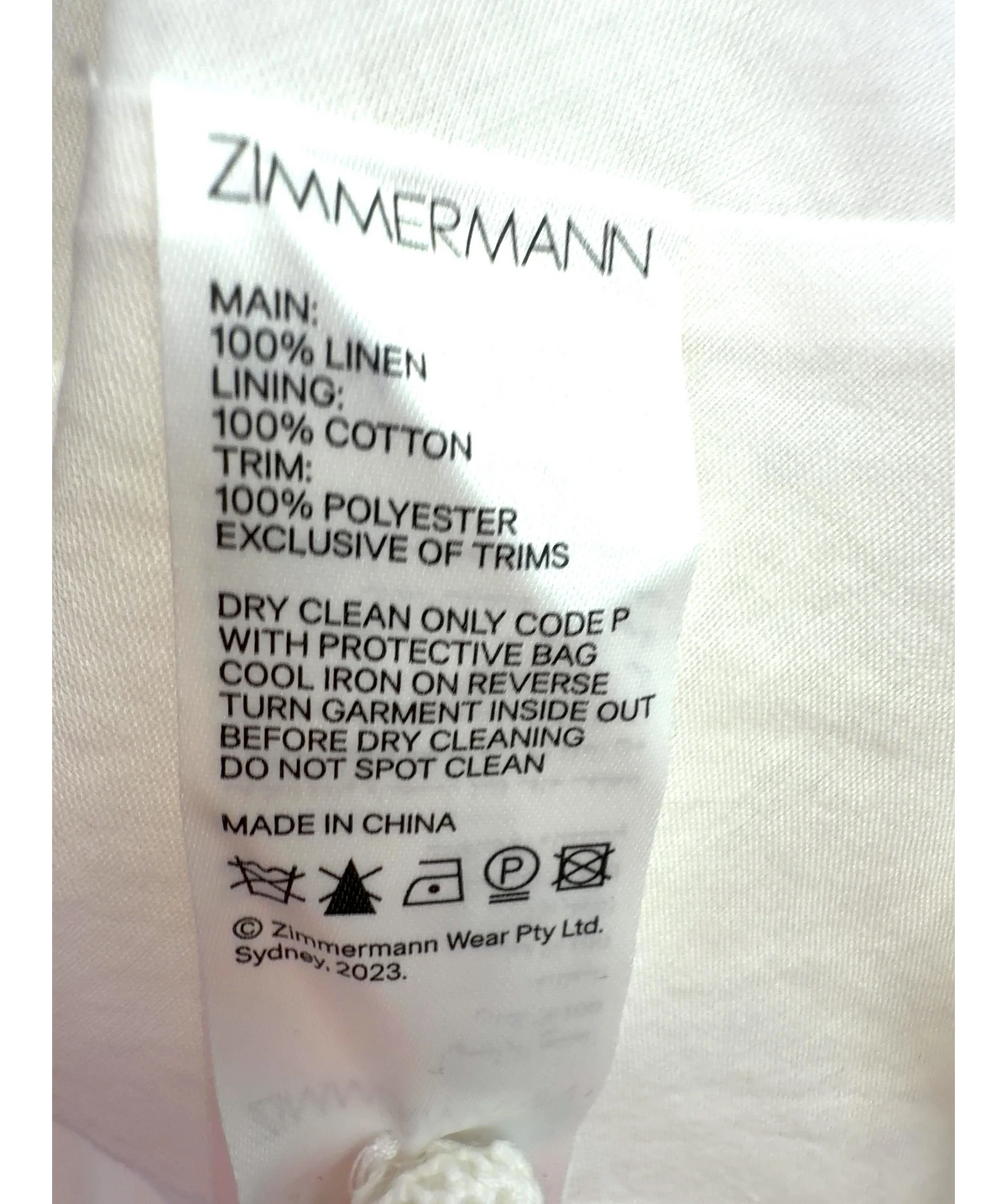 Zimmermann White Pop Embroidered / Trimmed Linen Mini Dress, size UK 14 — label