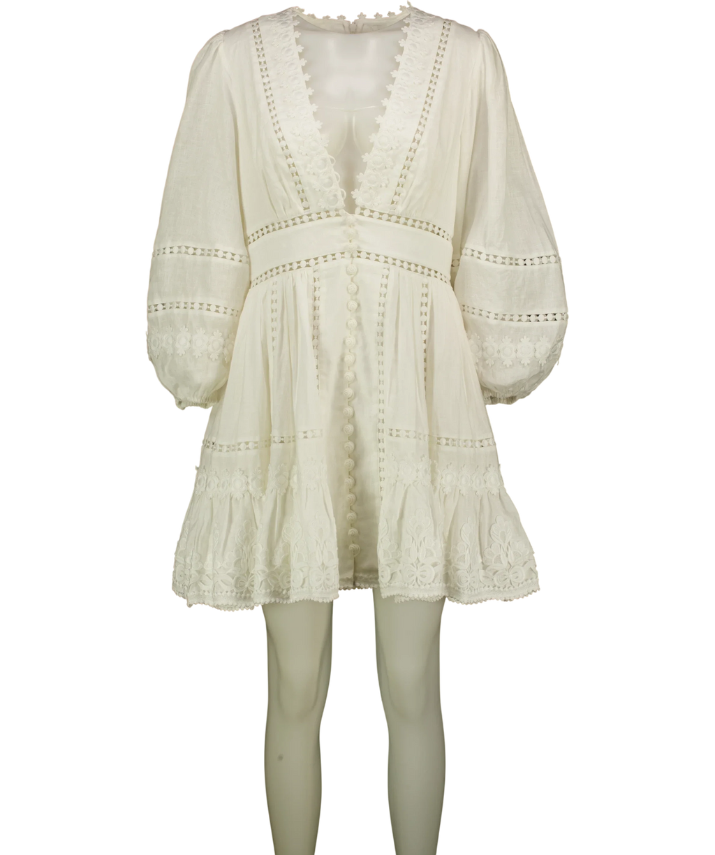 Zimmermann White Pop Embroidered / Trimmed Linen Mini Dress, size UK 14 — front
