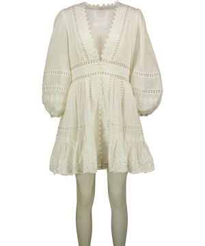 Zimmermann Pop Embroidered Trimmed Linen Mini Dress White UK 14