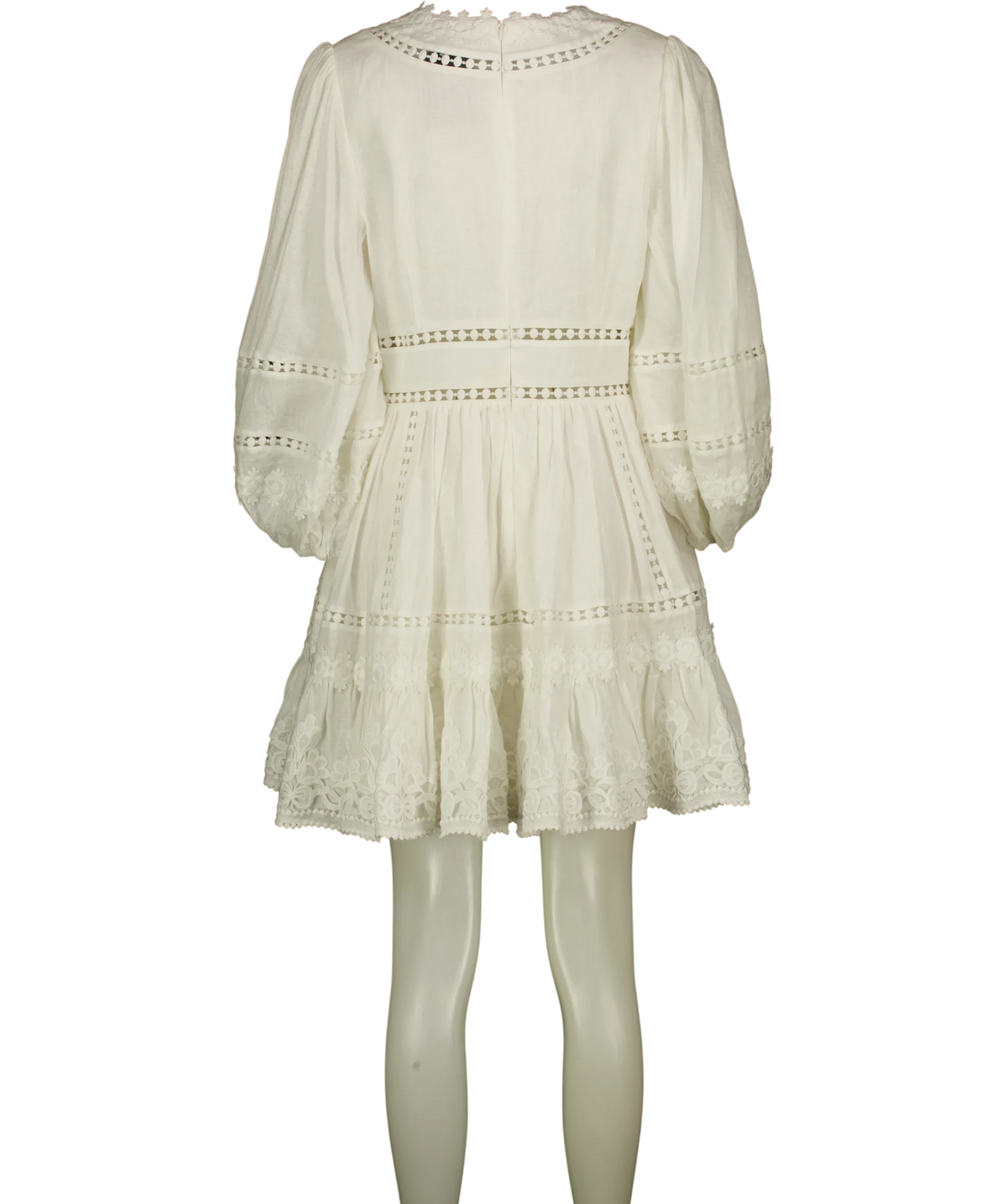 Zimmermann White Pop Embroidered / Trimmed Linen Mini Dress, size UK 14 — back