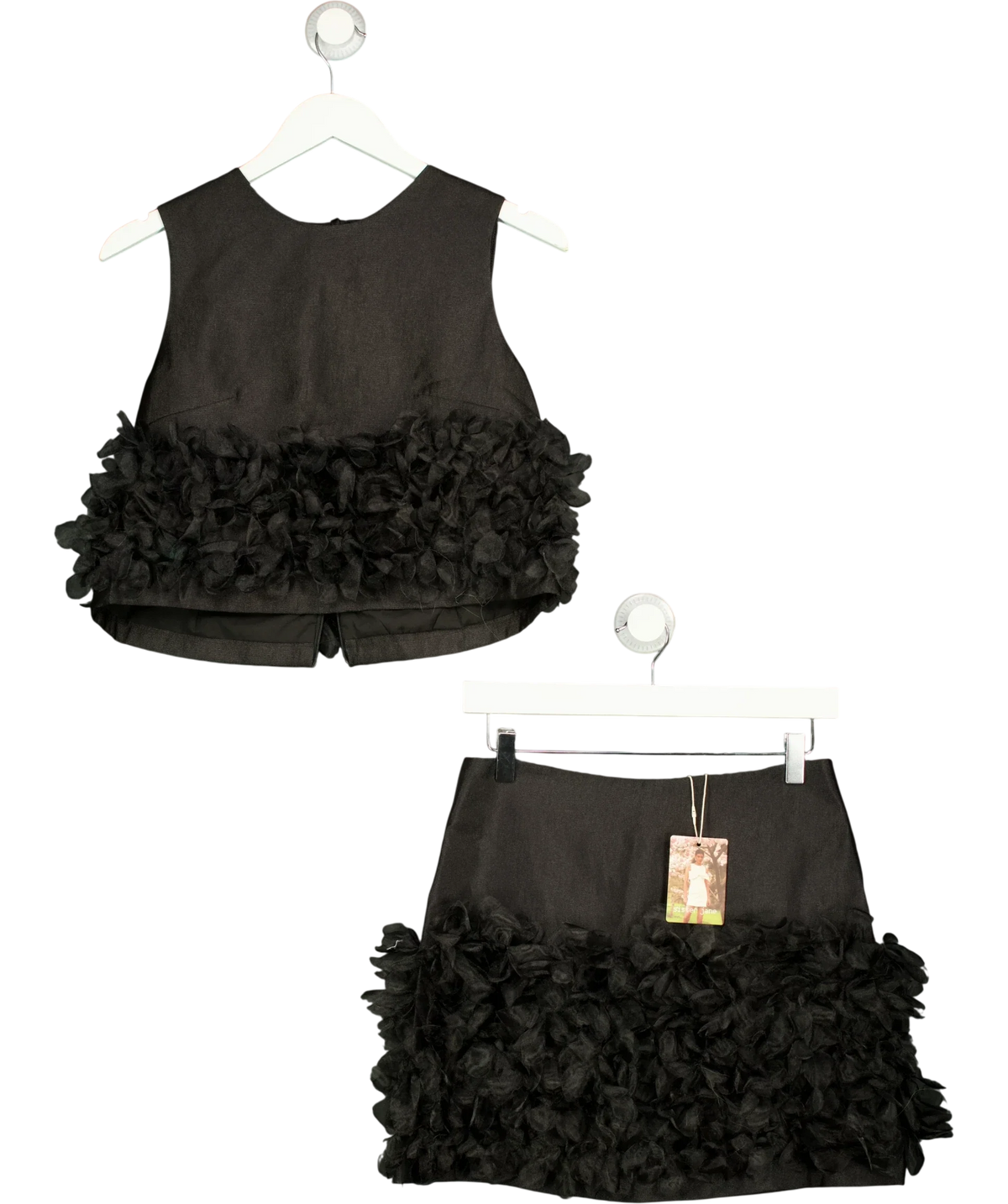 Sister Jane Black Plume Organza / Lume Organza Crop Top and Mini Skirt, size UK S — front