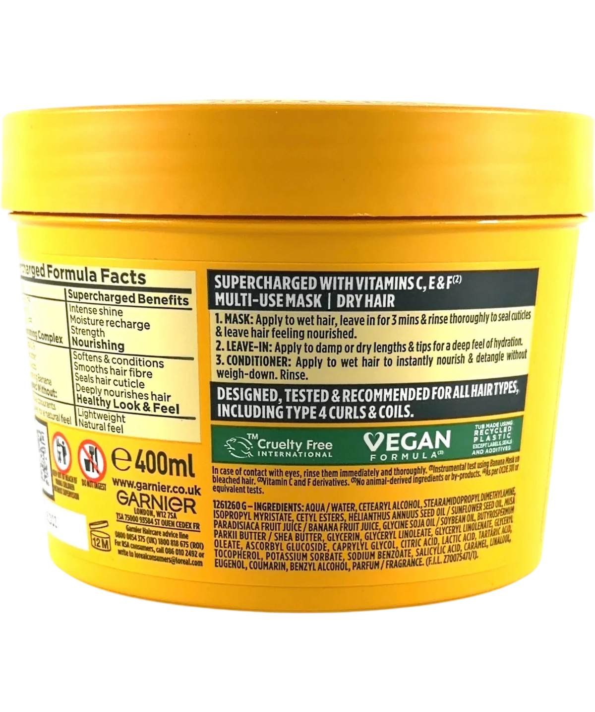Garnier Ultimate Blends Banana Hair Food 3-in-1 Hair Mask, size 400ml — back