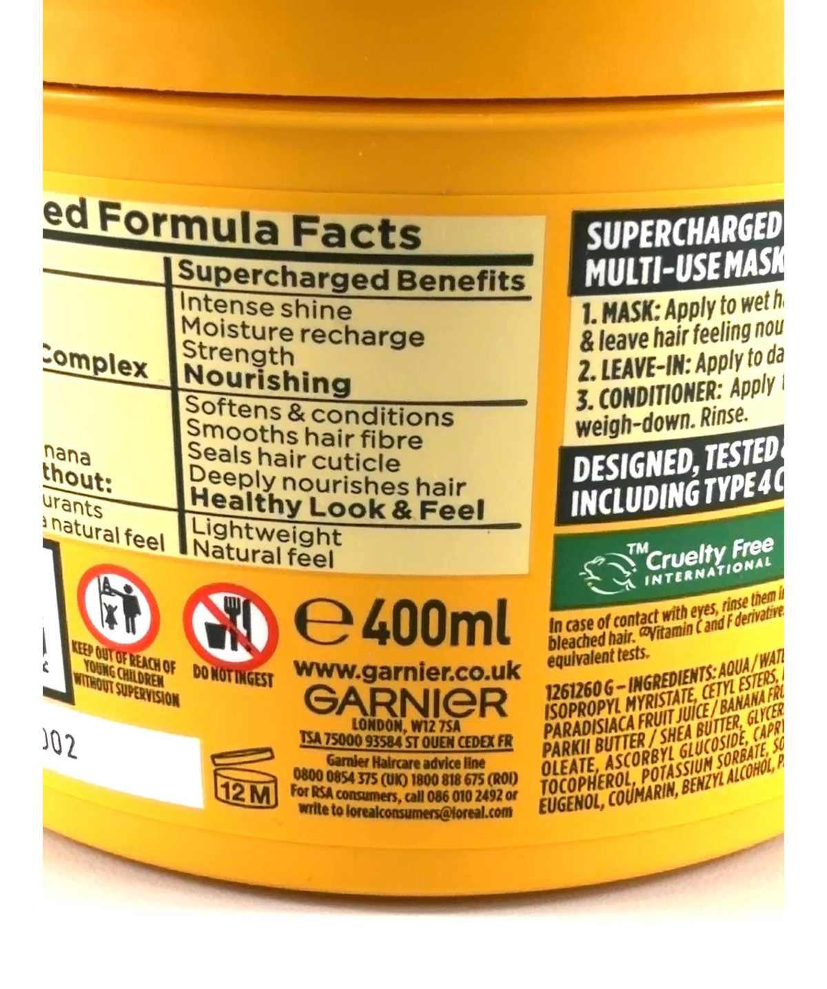Garnier Ultimate Blends Banana Hair Food 3-in-1 Hair Mask, size 400ml — care label