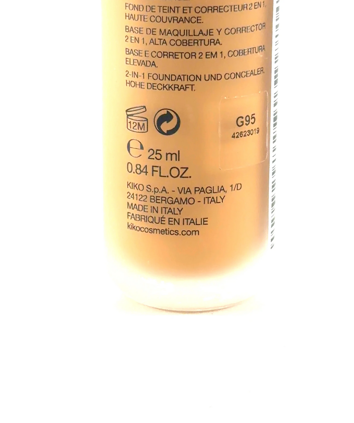 KIKO G95 FULL COVERAGE 2-IN-1 FOUNDATION AND CONCEALER, size 25ml — care label