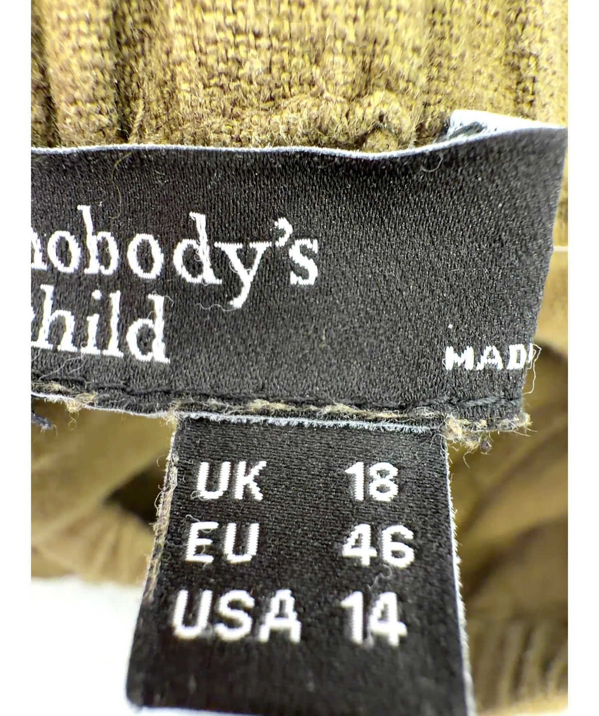 Nobody's Child olive green Tadlow Trousers, size UK 18 — care label