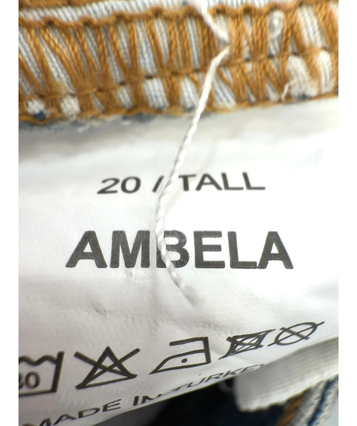 Ambela Blue Stretch Relaxed Mom Jean, size UK 20 — care label