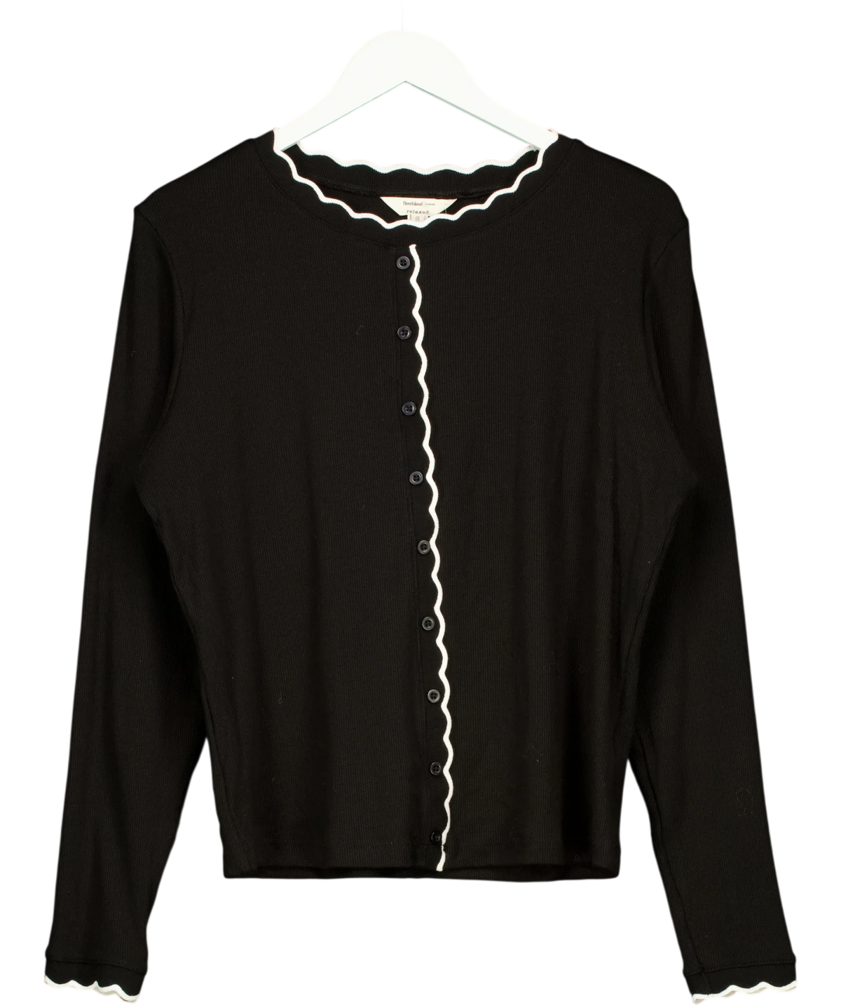 River Island Black Black Scallop Trim Ribbed Cardigan, size UK XL — front
