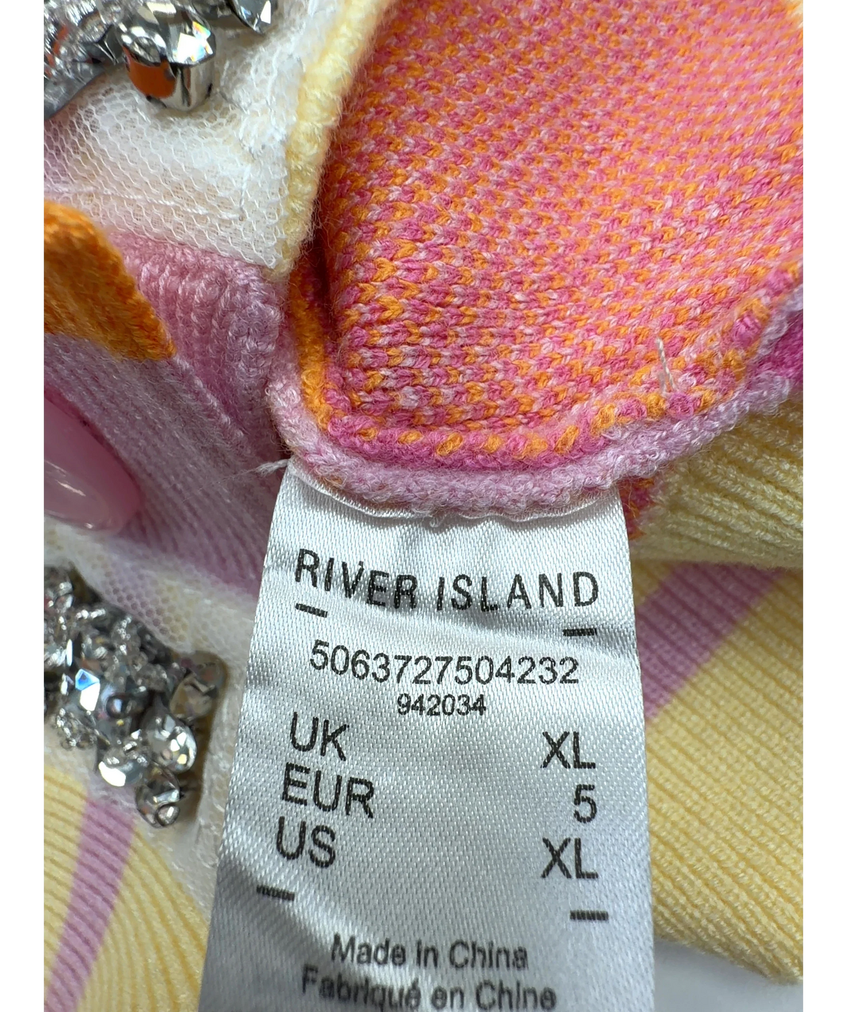 River Island Multicoloured multicoloured floral crystal-embellished cardigan, size UK XL — detail