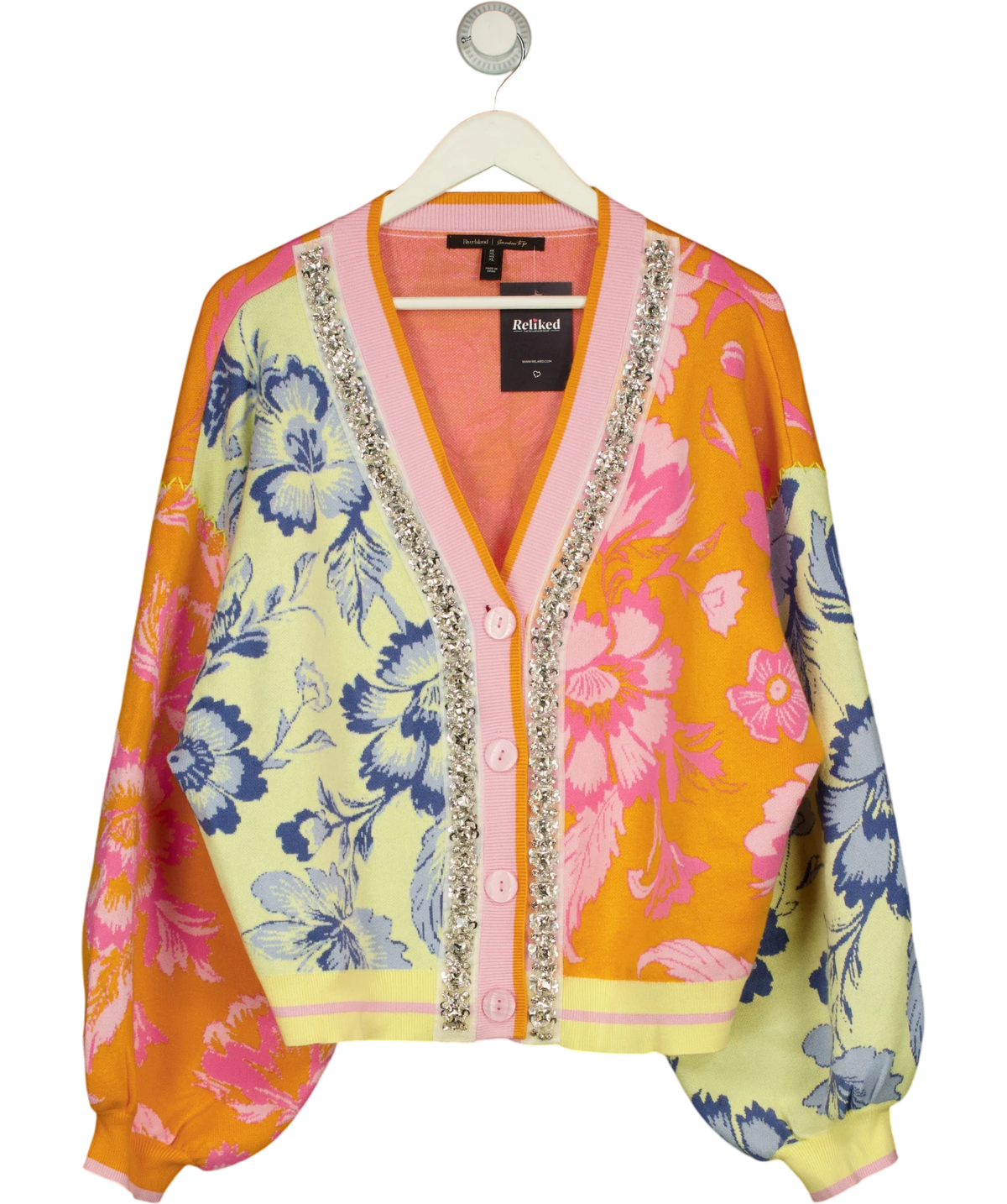 River Island Multicoloured multicoloured floral crystal-embellished cardigan, size UK XL — front