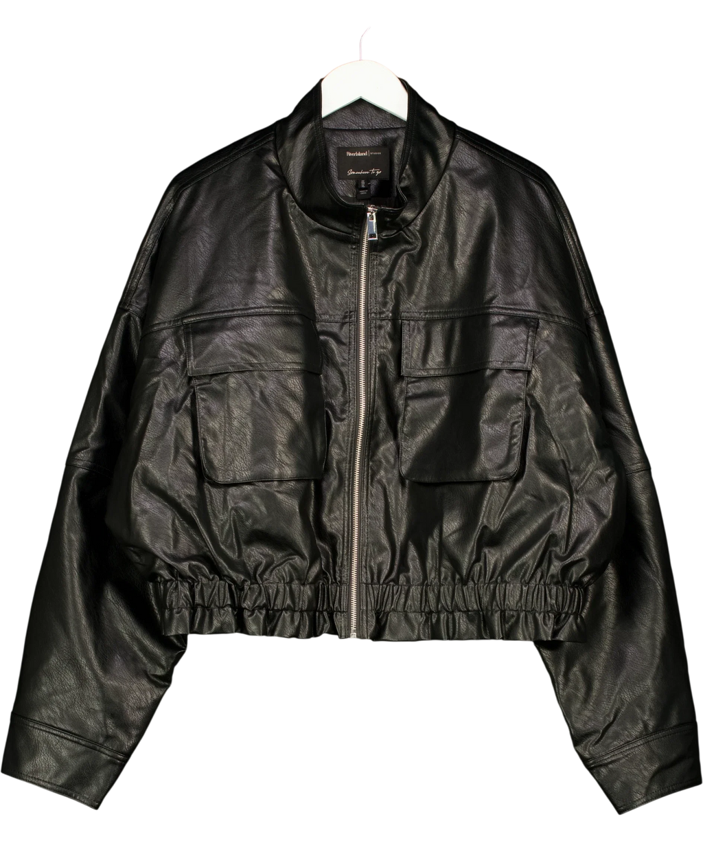 River Island Black Black Funnel Neck Faux Leather Jacket, size UK XL — front
