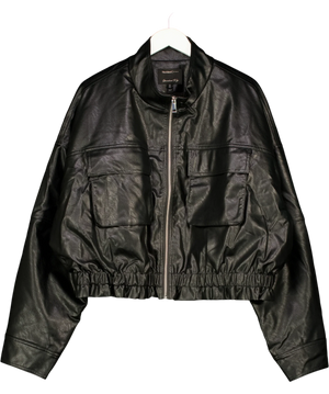 River Island Black Funnel Neck Faux Leather Jacket UK XL