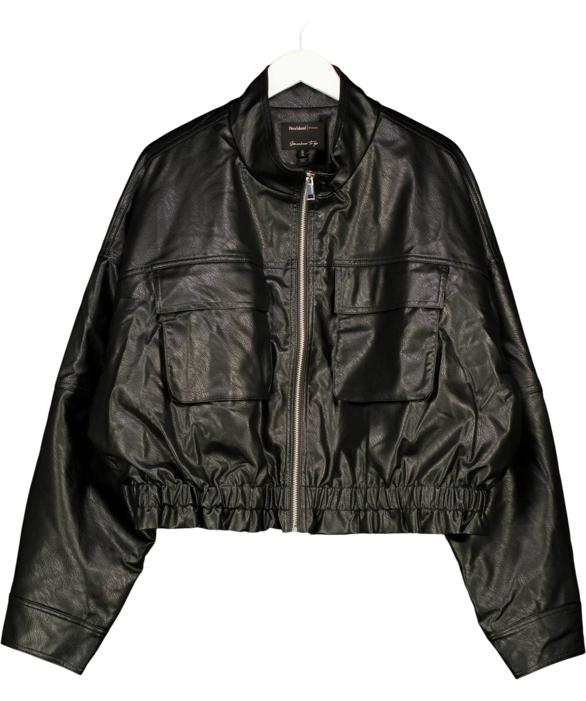 River Island Black Black Funnel Neck Faux Leather Jacket, size UK XL — front