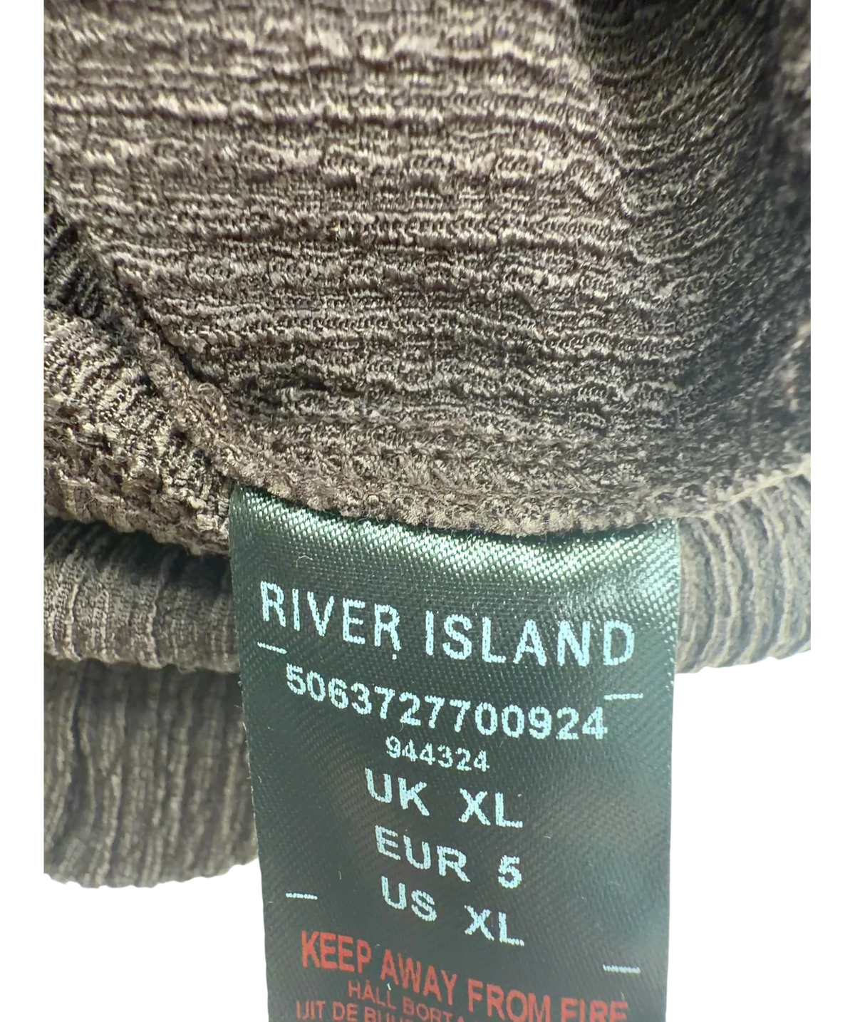 River Island Brown Brown Textured Tie Side Jumpsuit, size UK XL — fabric detail