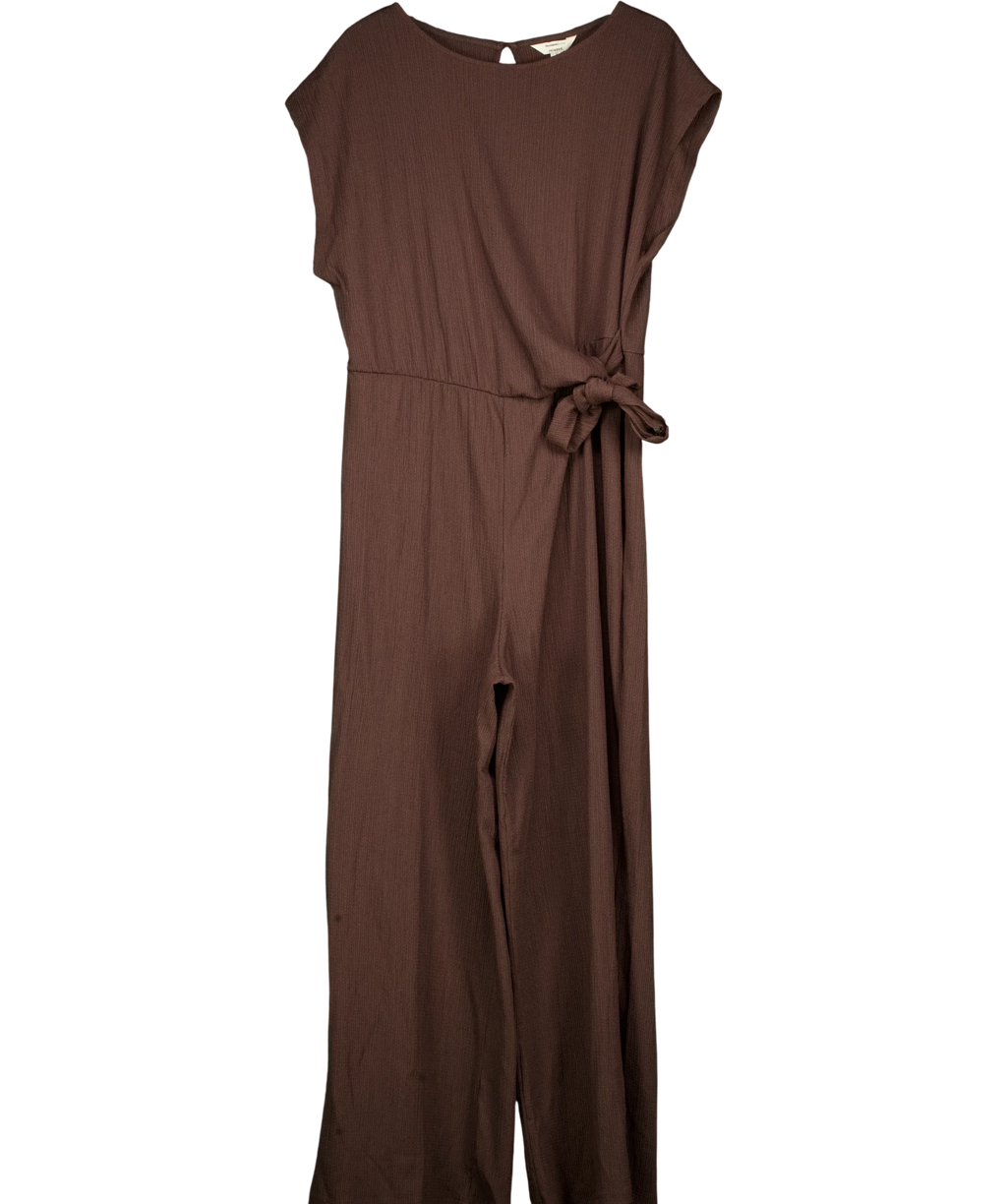 River Island Brown Brown Textured Tie Side Jumpsuit, size UK XL — front
