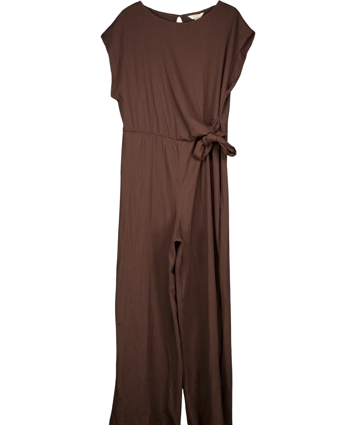 River Island Brown Brown Textured Tie Side Jumpsuit, size UK XL — front