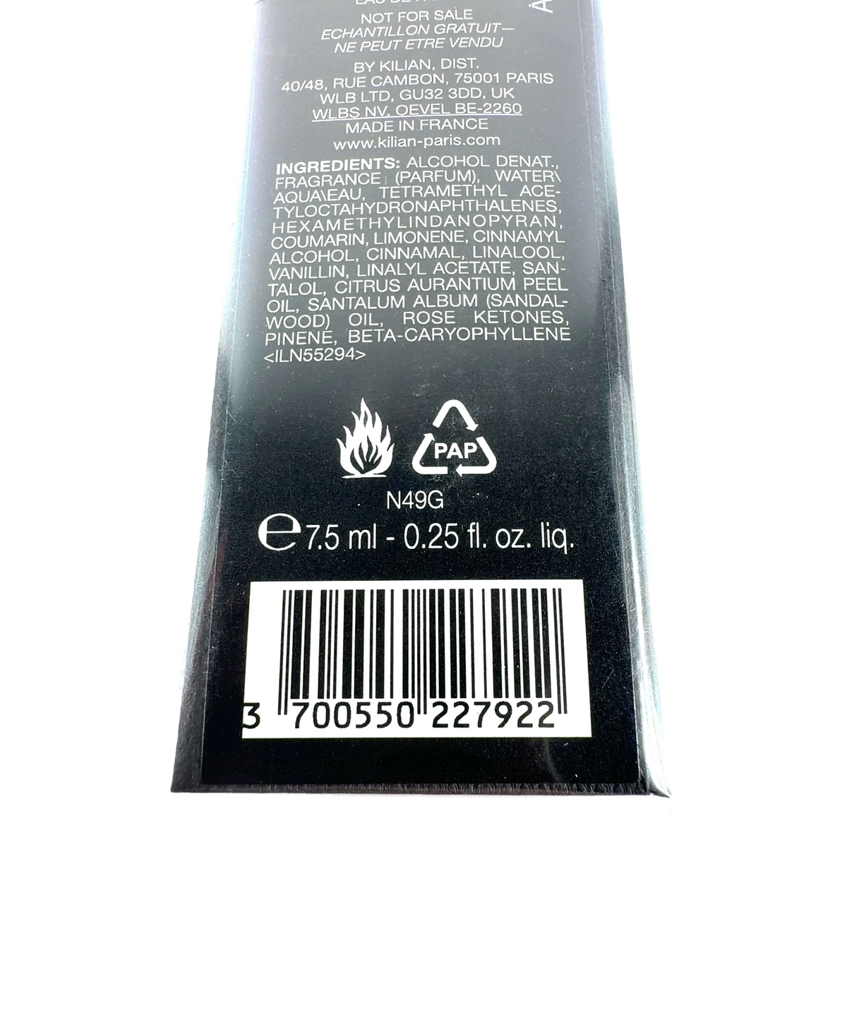 Kilian ANGELS' SHARE, size 7.5ml — care label