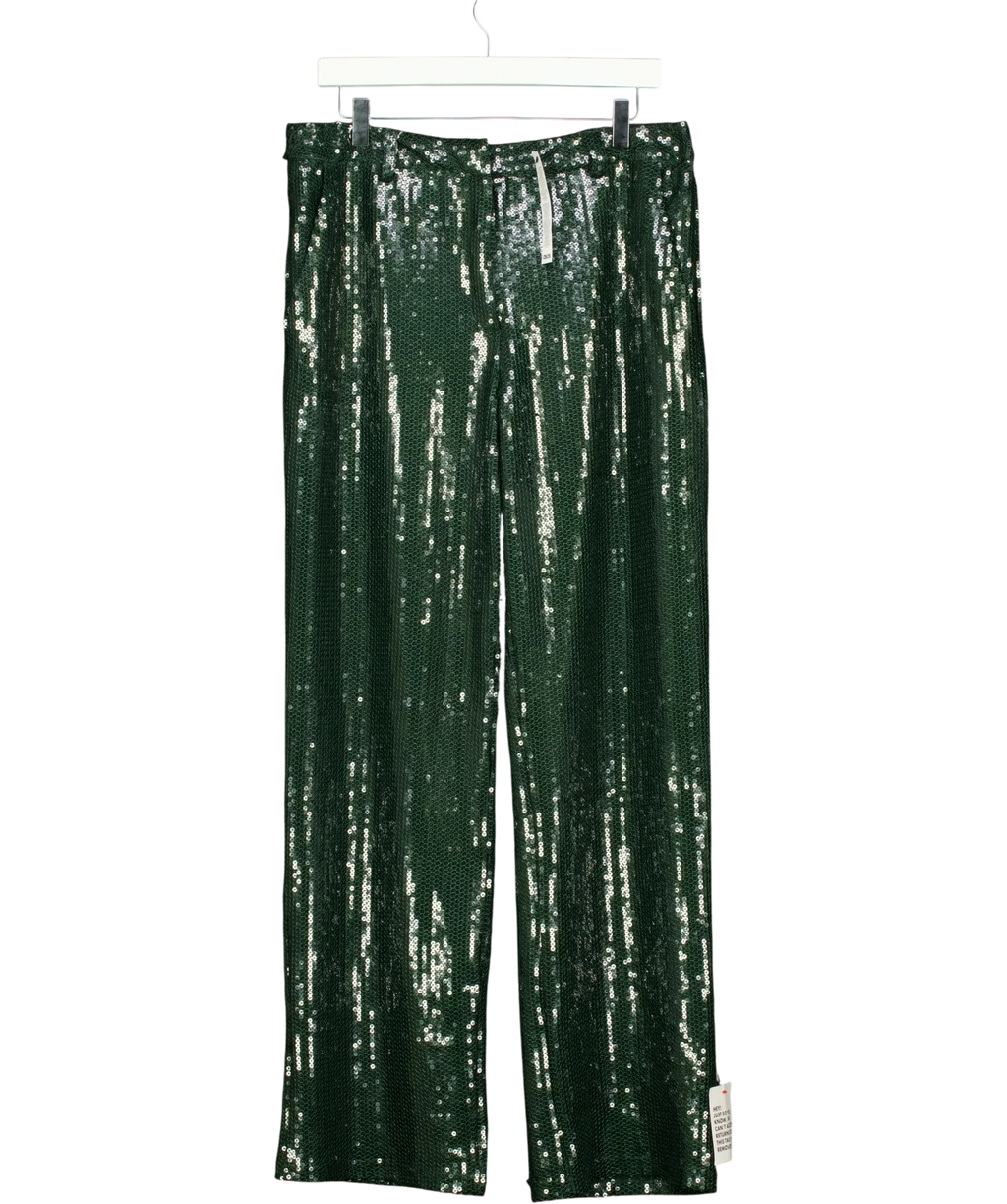 TOPSHOP Green TOPSHOP Green All-Over Sequin Straight Leg Trousers, size UK 16 — front