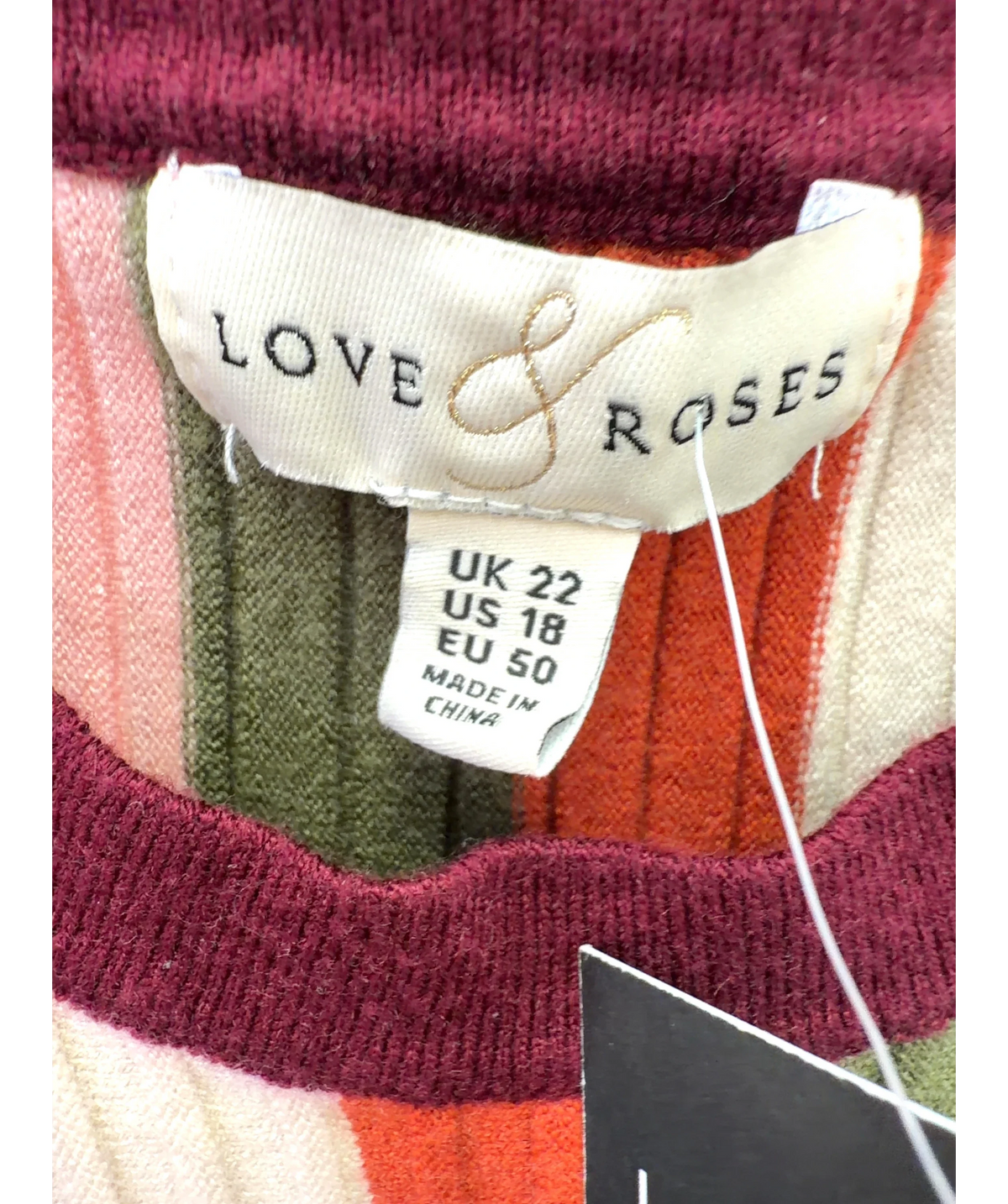 LOVE & ROSES Multicoloured Multicoloured Striped Short Sleeve Knitted Midi Dress, size UK 22 — detail