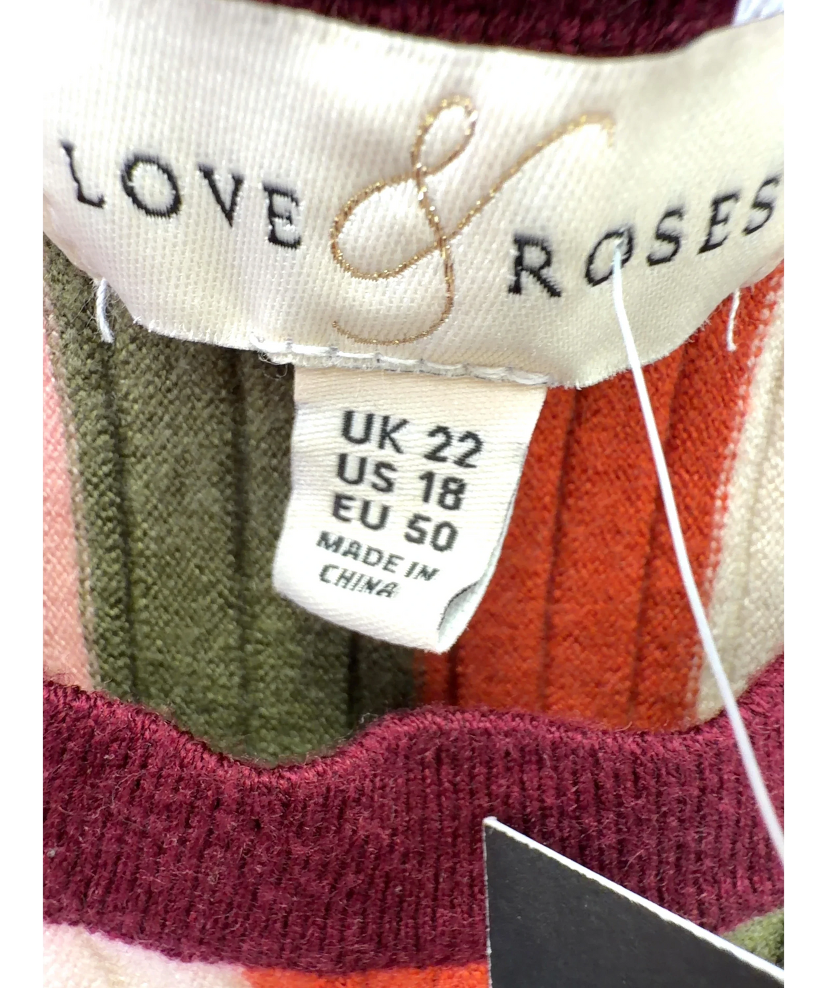 LOVE & ROSES Multicoloured Multicoloured Striped Short Sleeve Knitted Midi Dress, size UK 22 — care label