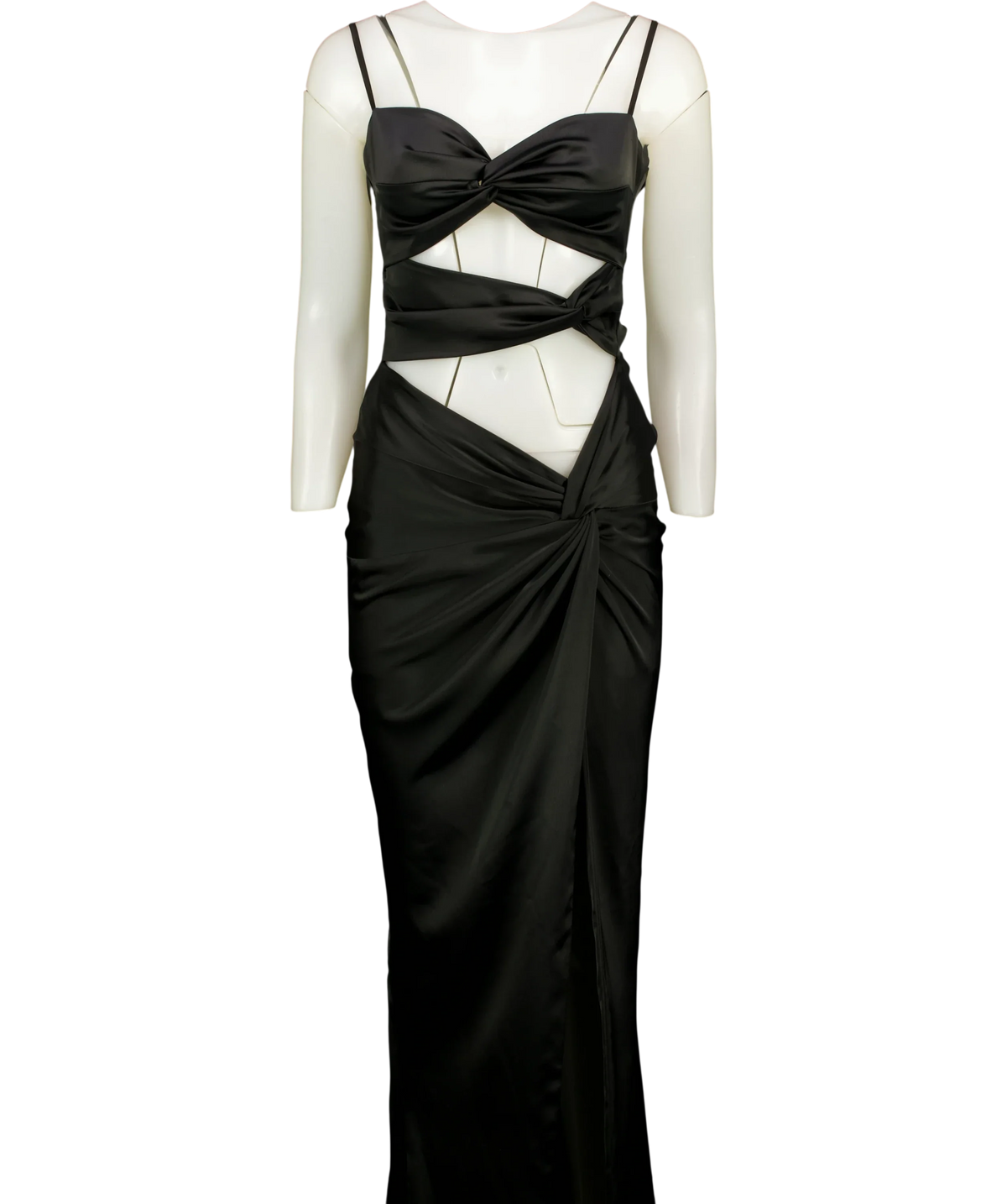 CLO Black Alinae Black Satin Sweetheart Ruched Maxi Dress with Body Cut Outs and Sash, size UK 8 — front