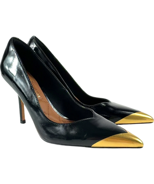 Kurt Geiger Black Patent Court Heels Gold Toe Caps UK 7