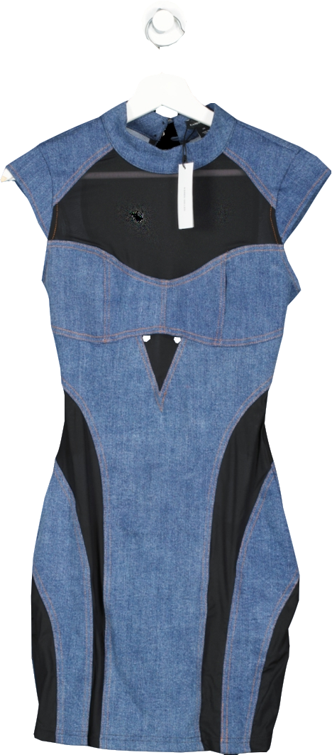 Karen Millen Blue Stretch Denim And Mesh Panelled Mini Dress UK XS