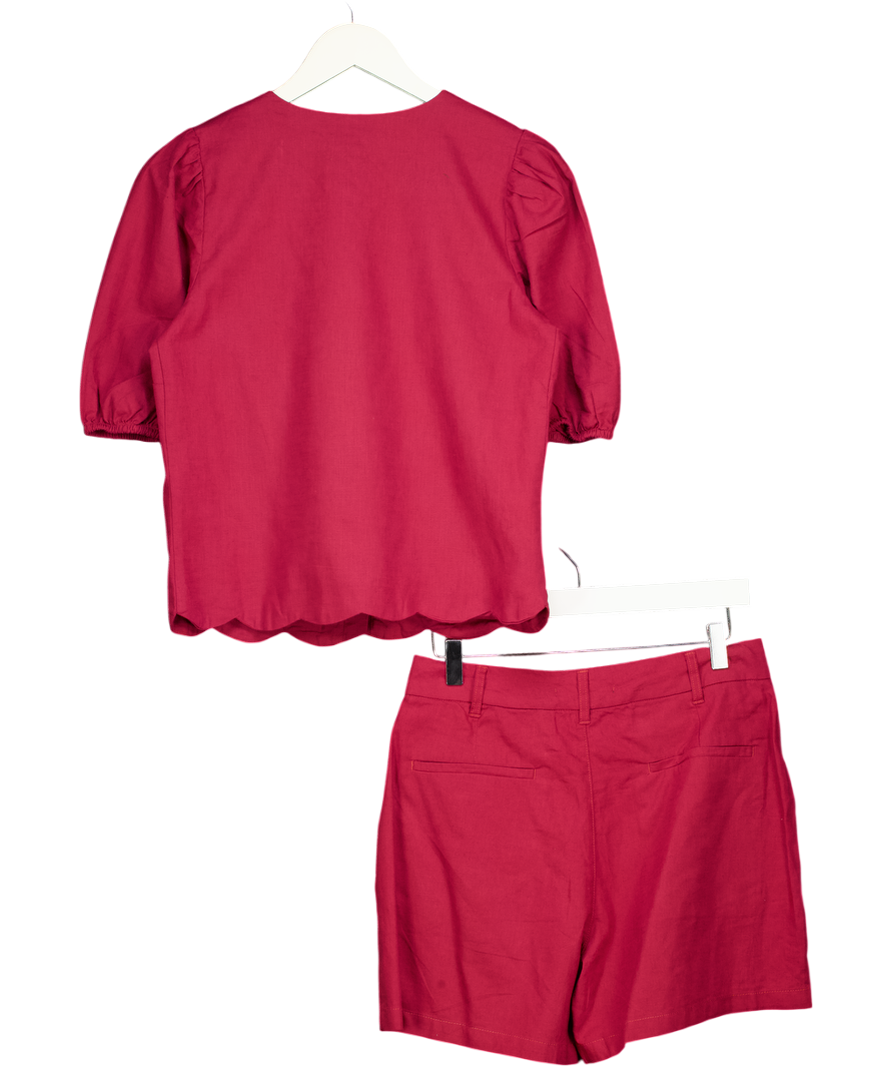THREADBARE 2-piece Dark Red Scalloped Linen Blend Puff Sleeve Top And Shorts Set UK XS