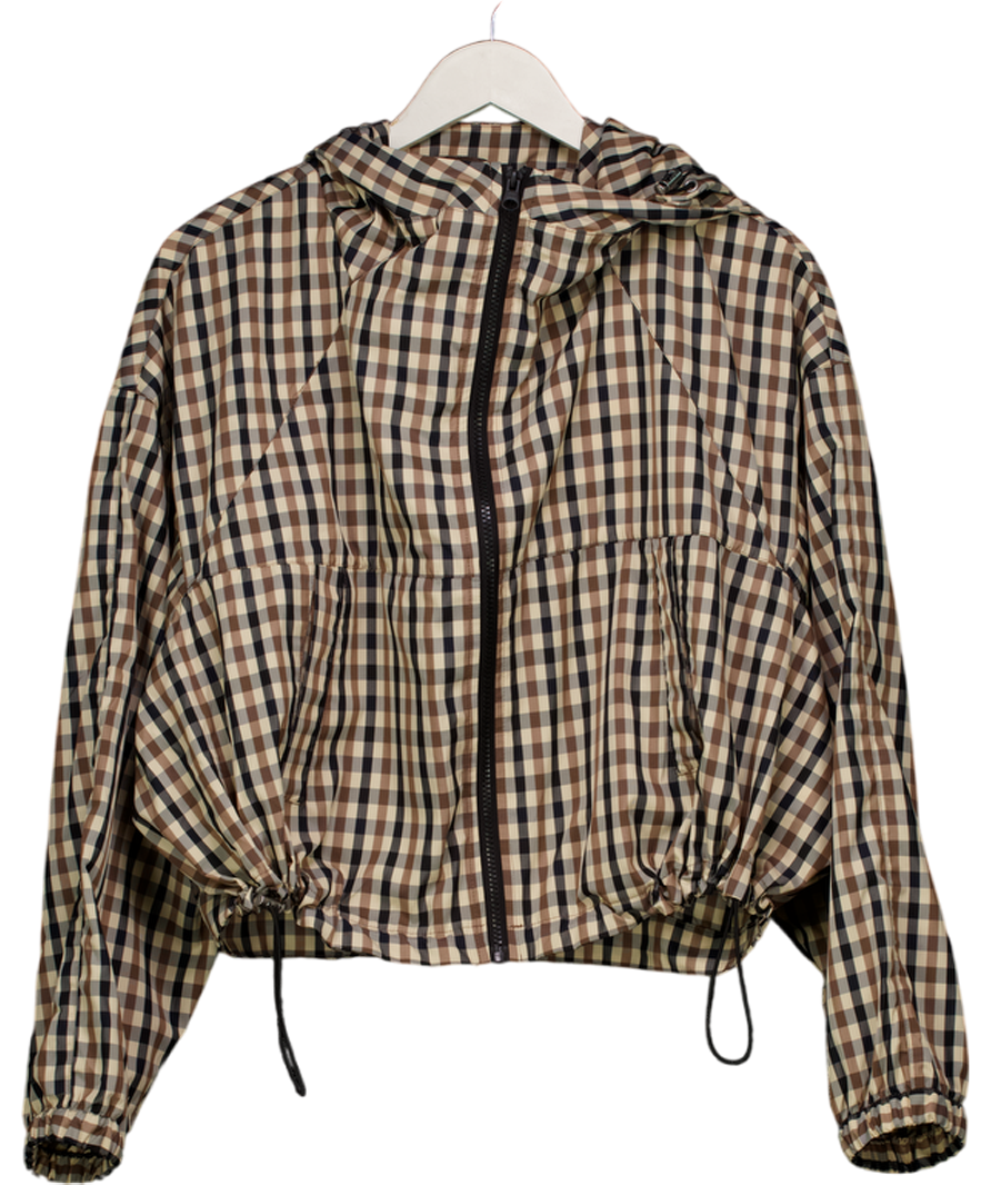 ASOS Brown Hooded Bubble Hem Bomber Jacket In Stone Multi Check UK S