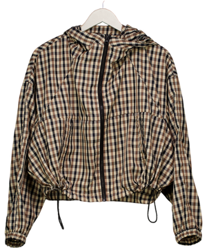 ASOS Brown Hooded Bubble Hem Bomber Jacket In Stone Multi Check UK S