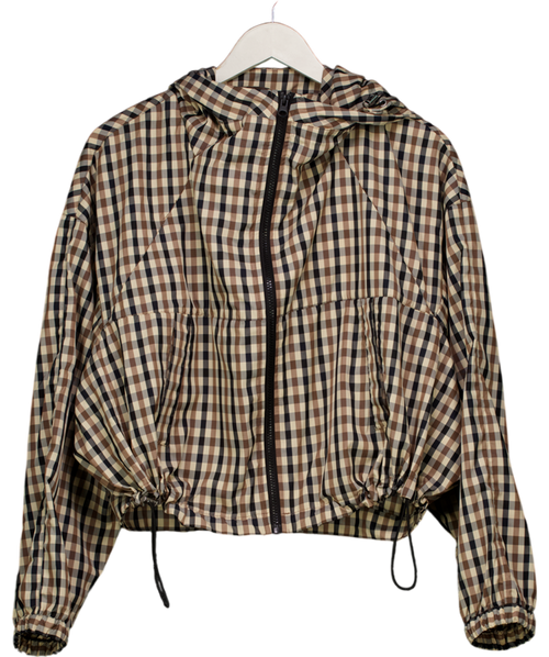 ASOS Brown Hooded Bubble Hem Bomber Jacket In Stone Multi Check UK S