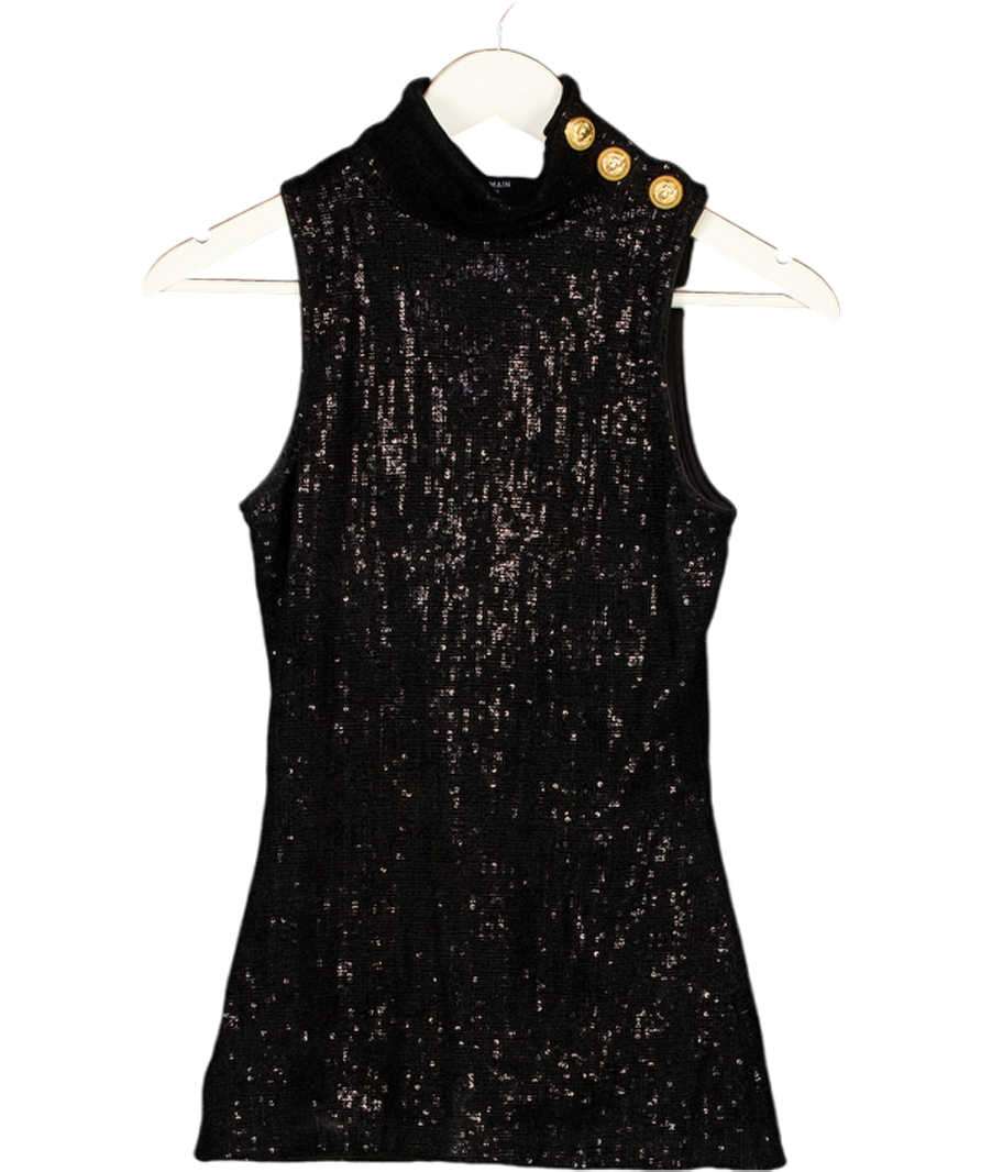 BALMAIN Black Sequined Velvet Turtleneck Top Fr36 UK 8