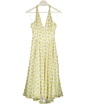 House of CB Cream Solada Cream/ Yellow Vintage Floral Print Georgette Halter Sundress - Plus Cup UK XS