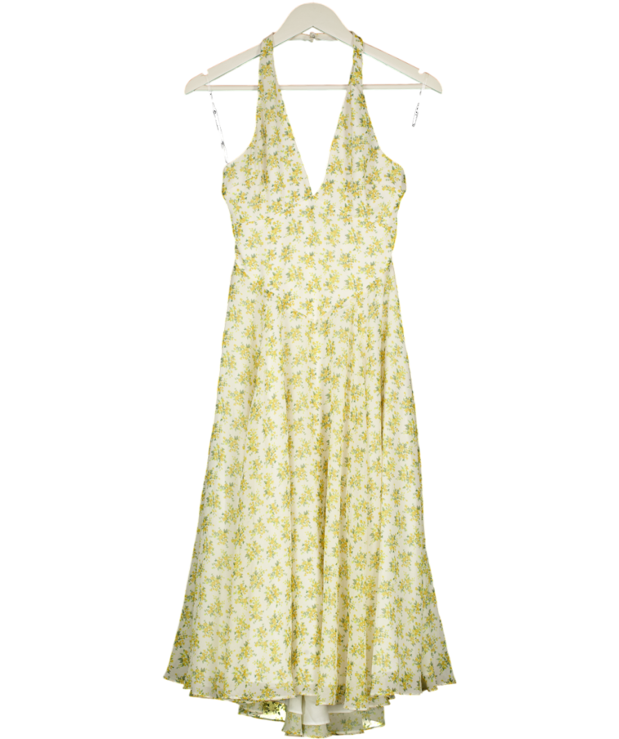 House of CB Cream Solada Cream/ Yellow Vintage Floral Print Georgette Halter Sundress - Plus Cup UK XS