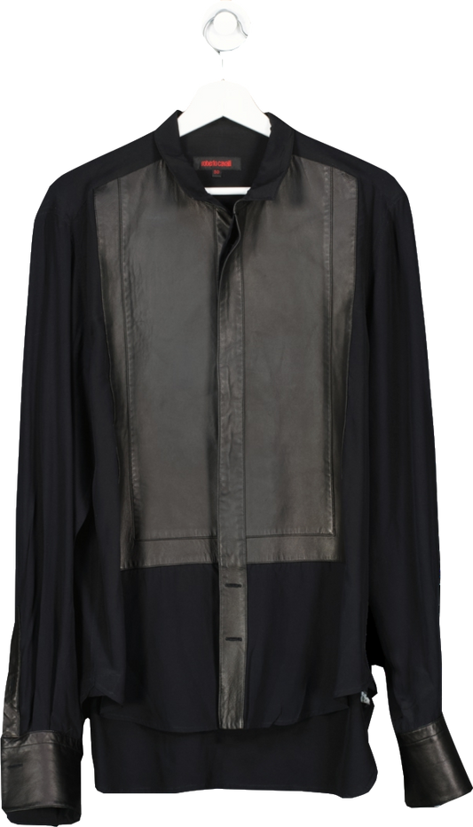 Roberto Cavalli Black Sheer & Leather Contrast Shirt UK L