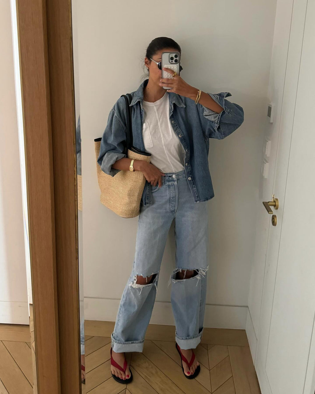 Madewell Beige Leather- Trimmed Straw Tote Bag One Size