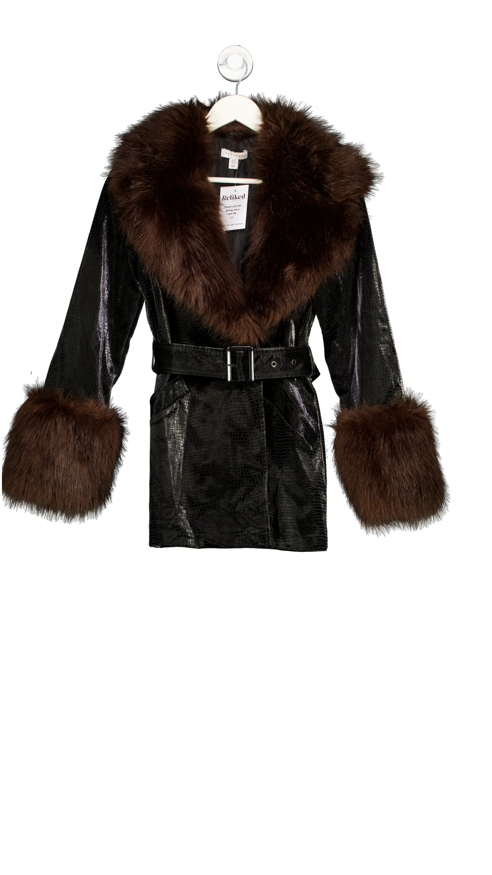 Topshop Black Croc Embossed Vinyl Jacket With Faux Fur Trim UK 8