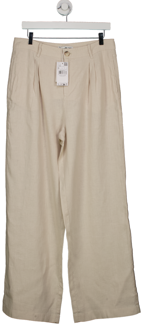 MANGO Beige Linen Trousers With Tortoiseshell Button UK 12