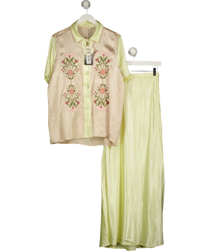 VRG GRL Yellow Satin Floral Embroidered Shirt & Midi skirt Set UK 8