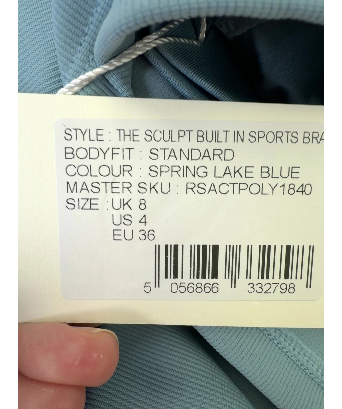 REASN Blue THE SCULPT BUILT IN SPORTS BRA, size UK 8 — care label
