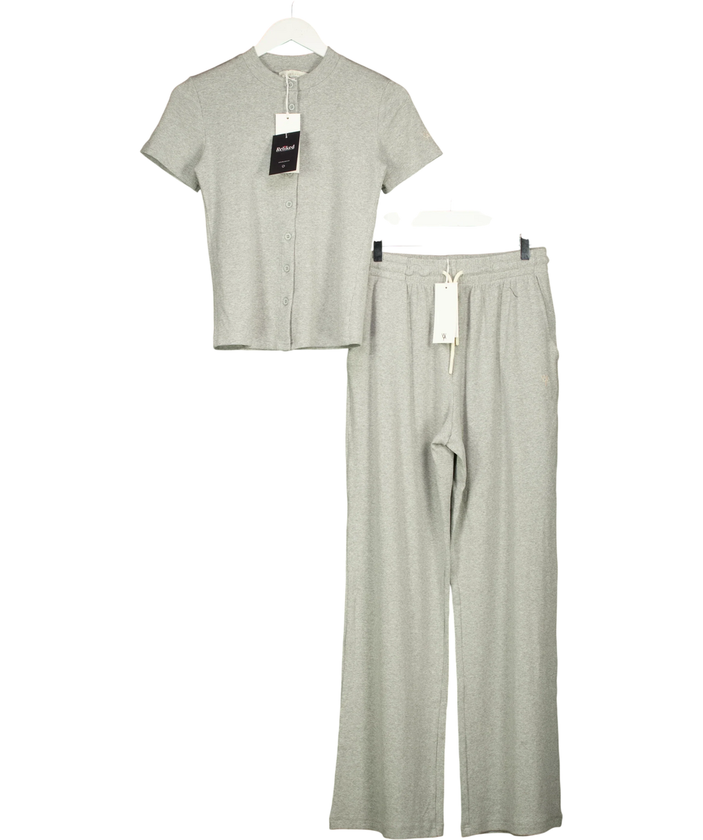 WAT. THE BRAND Grey Wide Ribbed Button Through Top & Relaxed Wide Ribbed Trouser, size UK XS — front