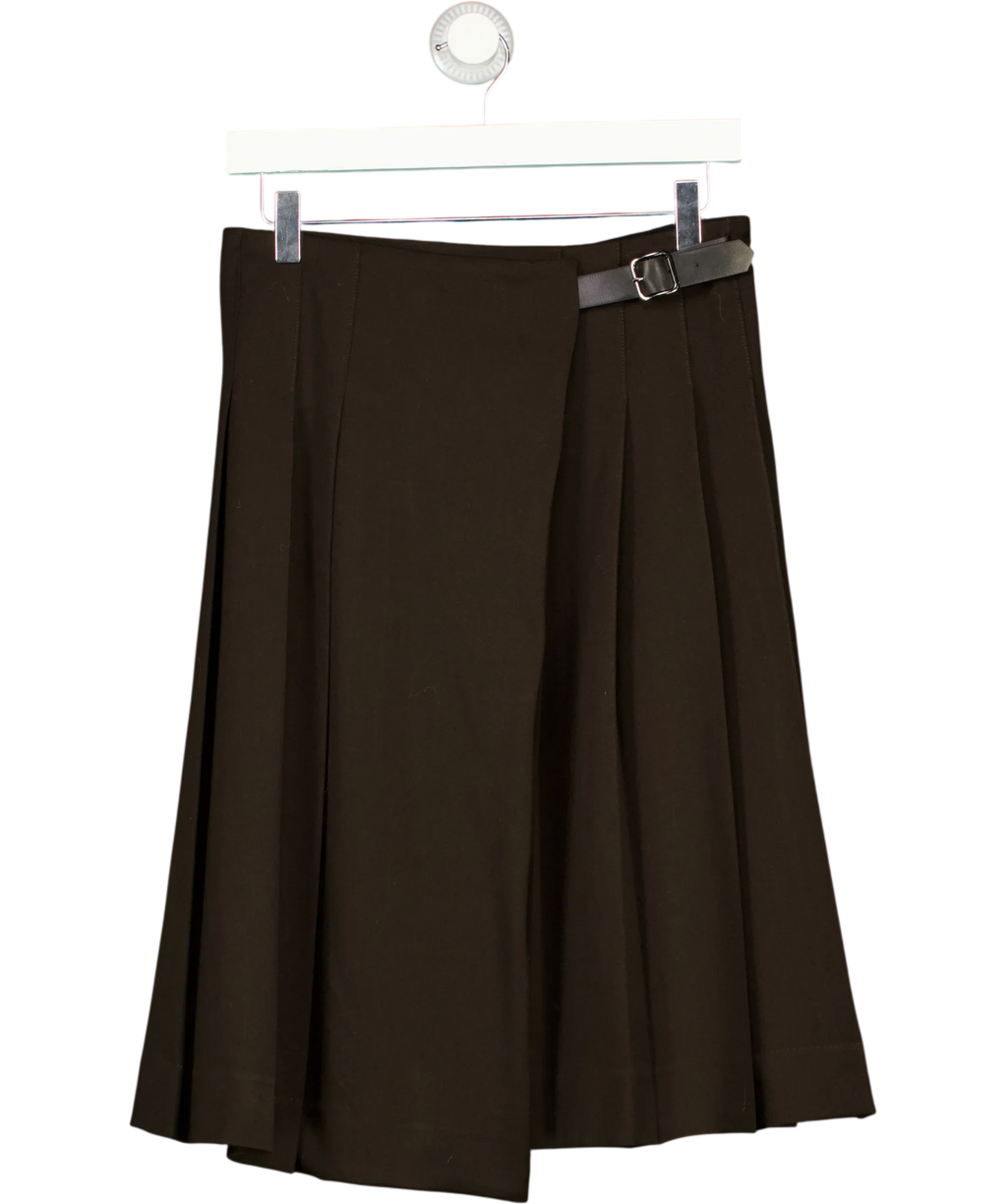 M&S dark brown Autograph Wool Blend Pleated Midi Kilt Skirt, size UK 8 — front