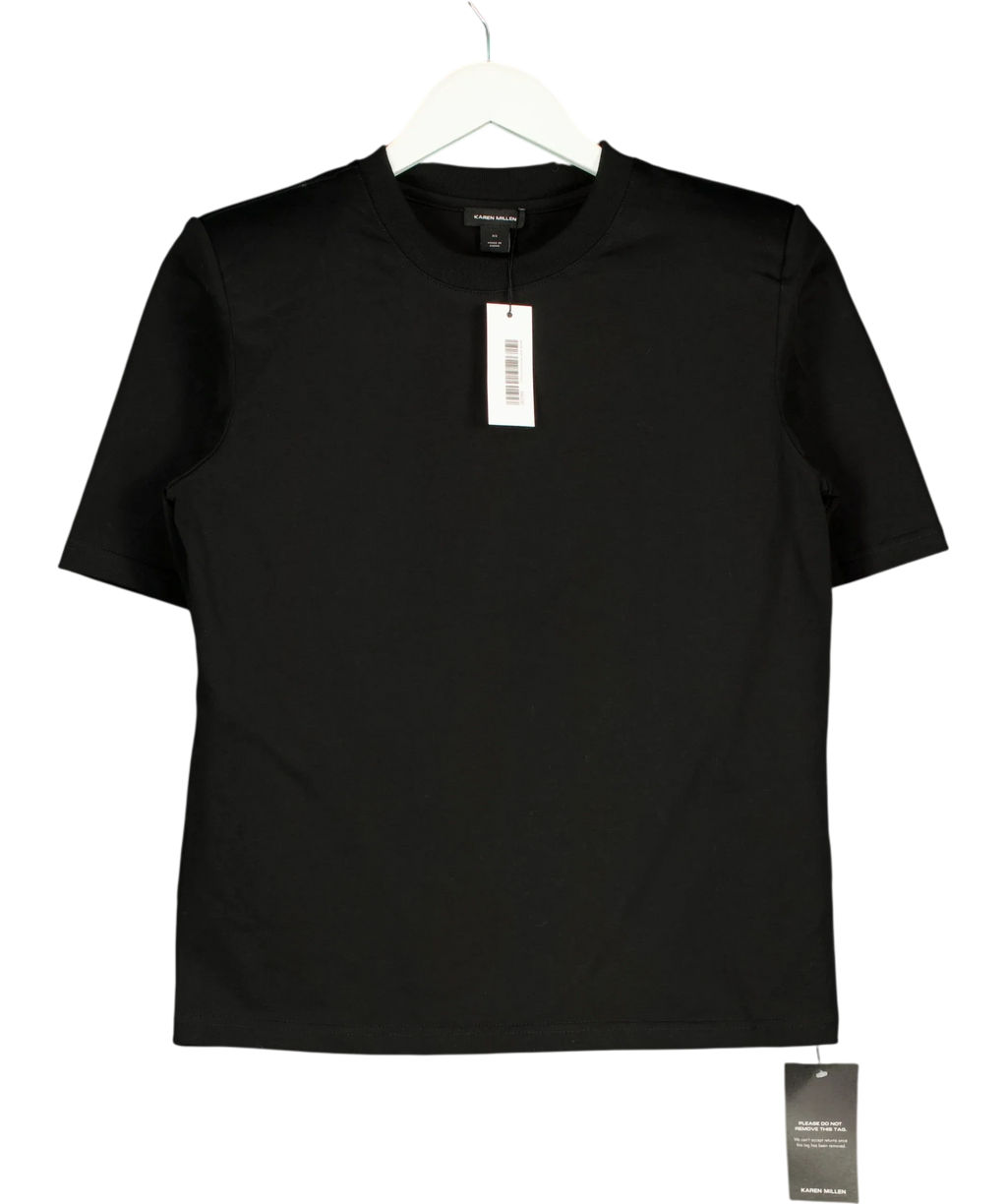 KAREN MILLEN Black Power Shoulder Jersey T-Shirt, size UK XS — front