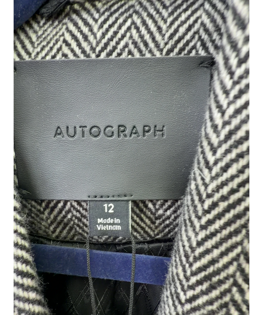 M&S AUTOGRAPH Brown Wool Blend Herringbone Longline Tailored Coat, size UK 12 — care label