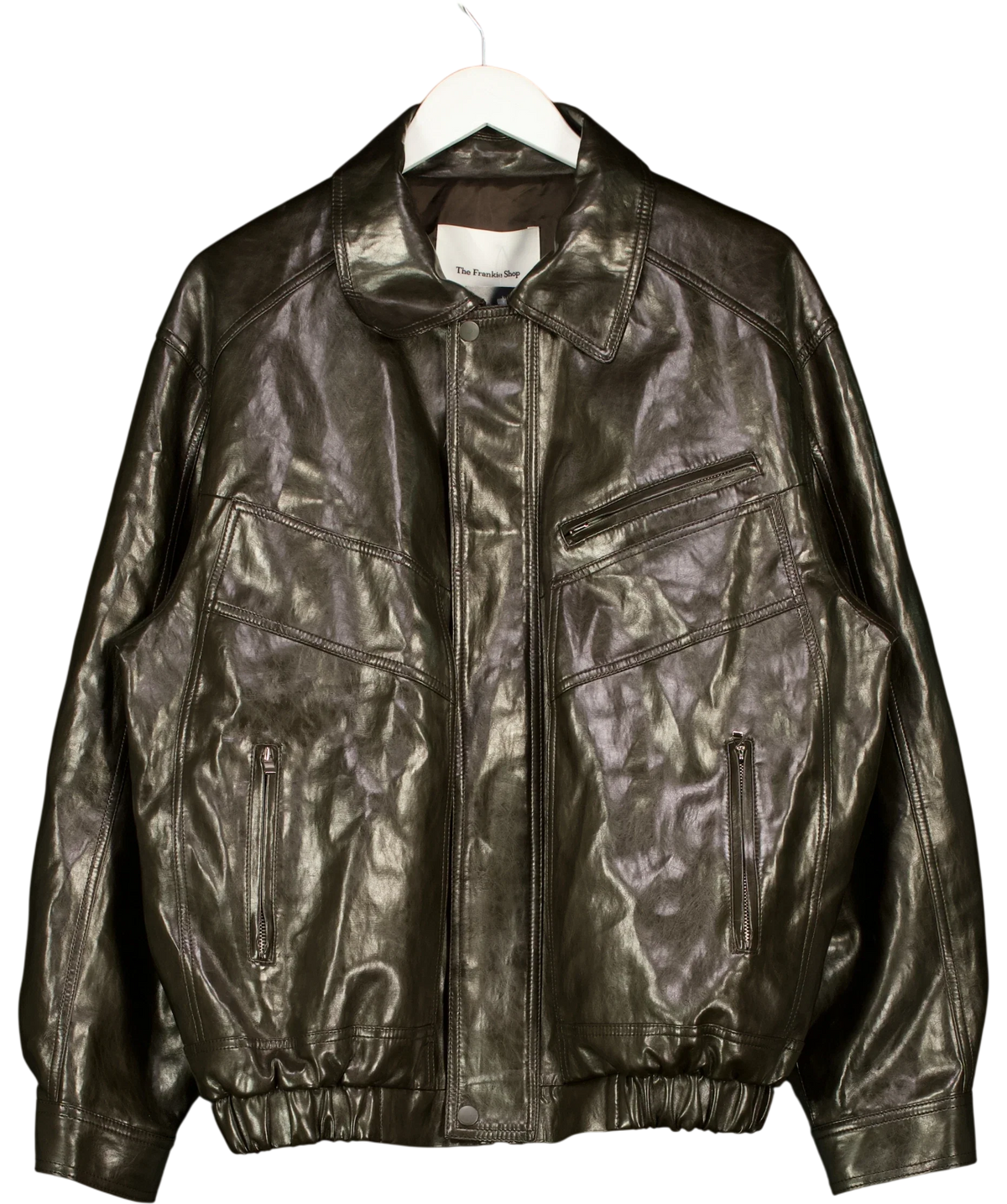 THE FRANKIE SHOP dark brown Hudson Faux Leather Bomber Jacket, size UK XS/S — front
