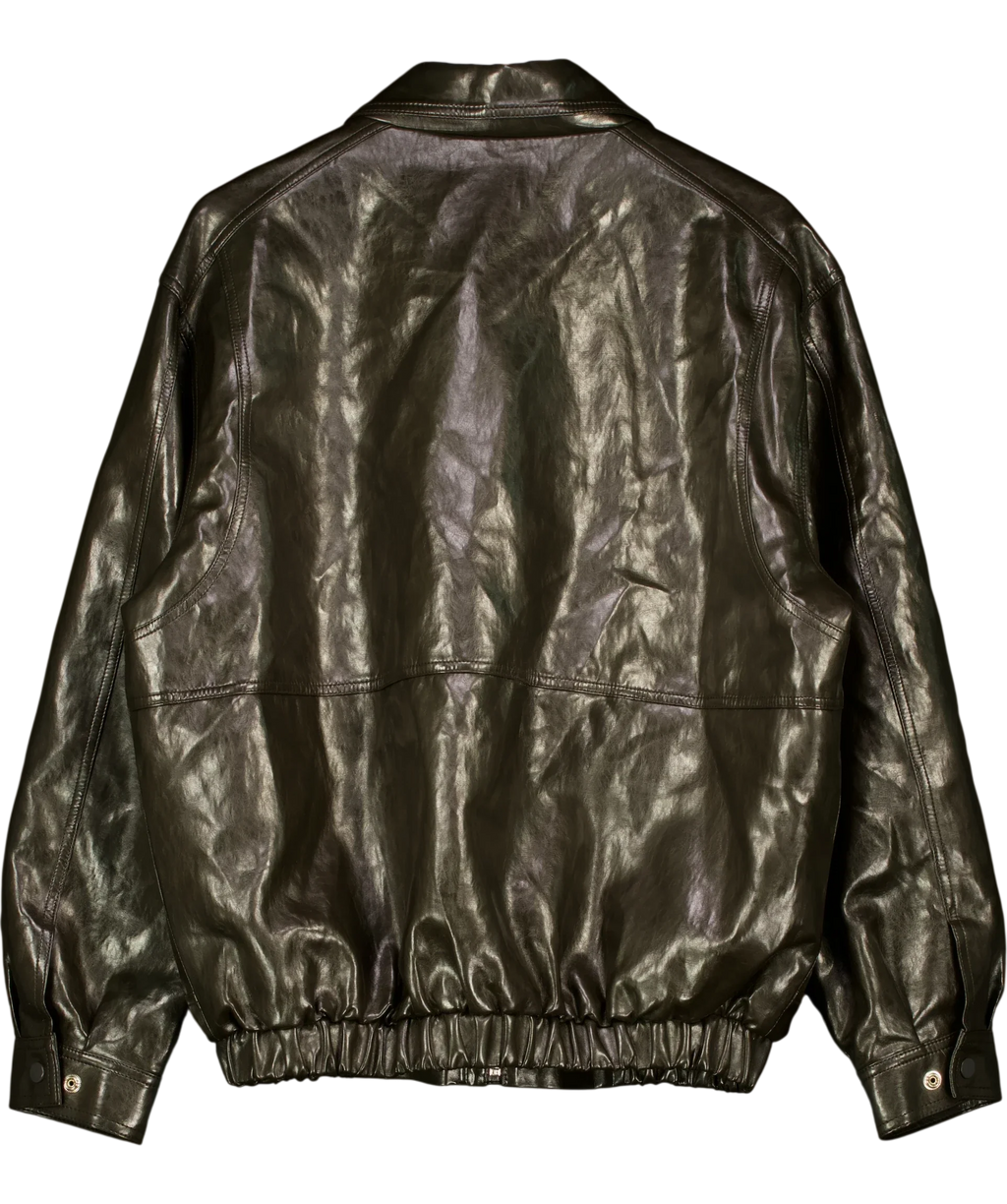 THE FRANKIE SHOP dark brown Hudson Faux Leather Bomber Jacket, size UK XS/S — back